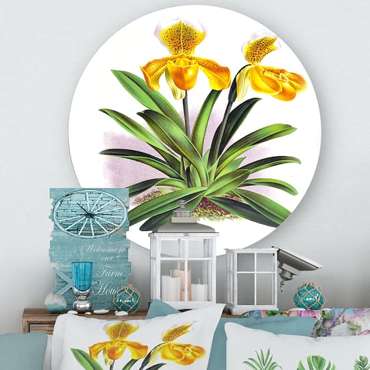 Designart - Vintage Yellow Orchid - Traditional Metal Circle Wall Art